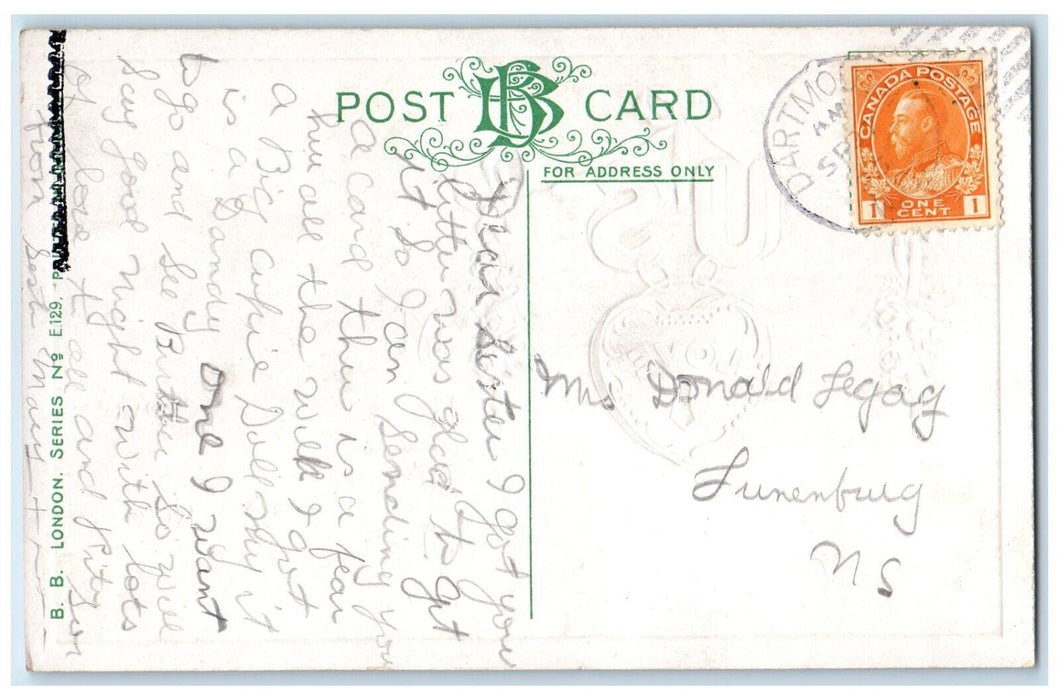 c1910's Valentine Heart Padlock US Of Love Flowers Lunenburg NS Canada Postcard