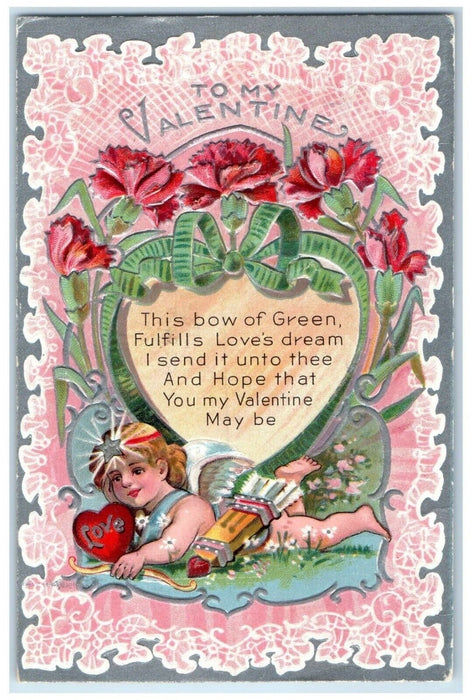 c1910's Valentine Heart Cupid Angel Flowers Embossed Posted Antique Postcard