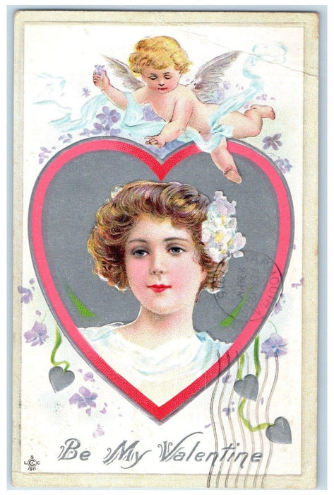 1915 Valentine Pretty Woman Angel Flowers Embossed Nova Scotia Canada Postcard