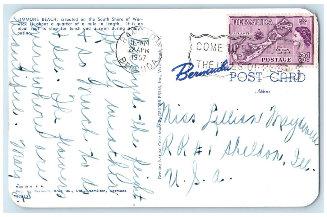 1957 Simmons Beach Situated on South Shore of Warwick Bermuda Postcard