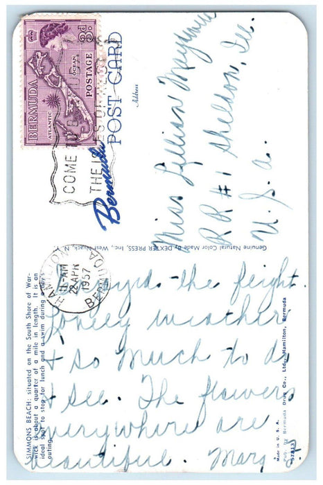 1957 Simmons Beach Situated on South Shore of Warwick Bermuda Postcard
