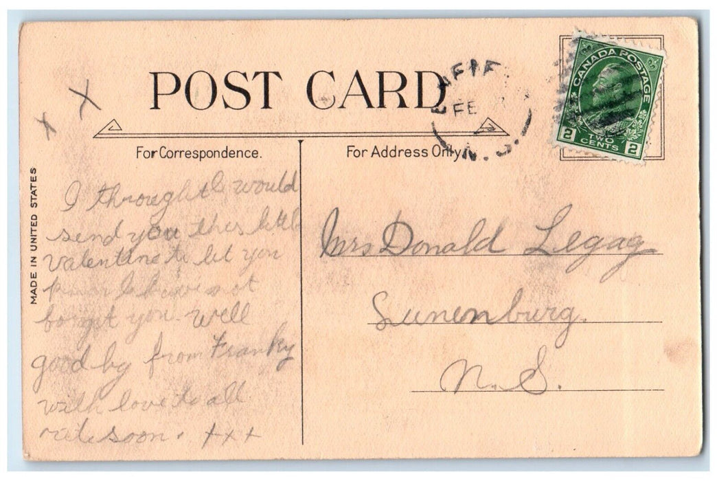 c1910's Valentine Heart Offering Heart Pansies Flowers Lunenburg NS Postcard