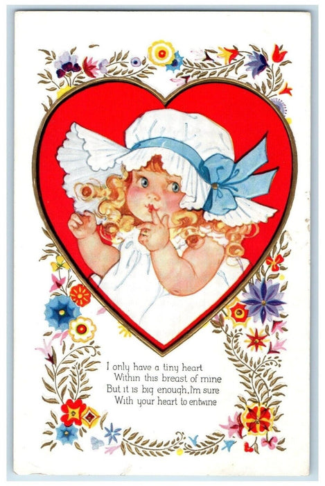 1926 Valentine Heart Pretty Girl Flowers Embossed Lunenburg NS Vintage Postcard