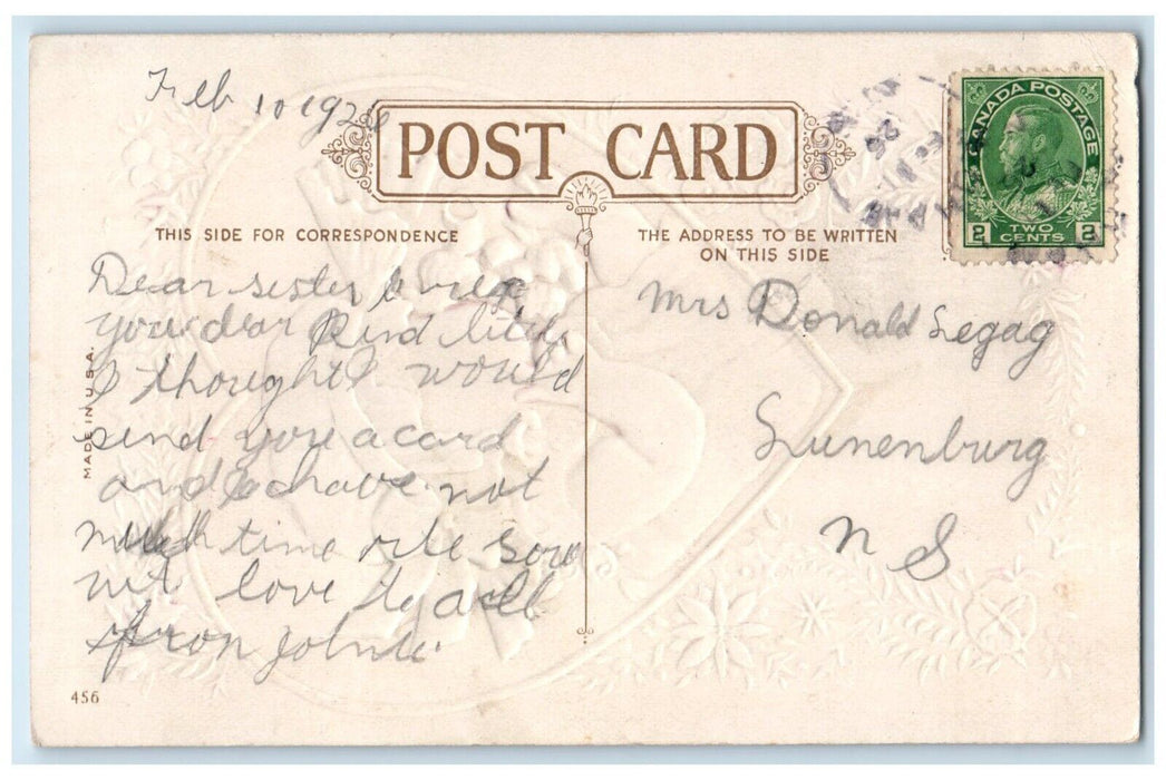 1926 Valentine Heart Pretty Girl Flowers Embossed Lunenburg NS Vintage Postcard