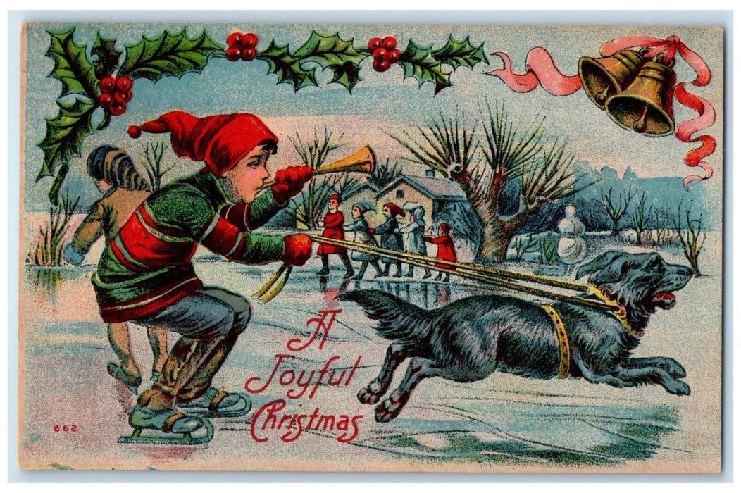 c1910's Joyful Christmas Boy Ice Skating Berries Ringing Bells Antique Postcard