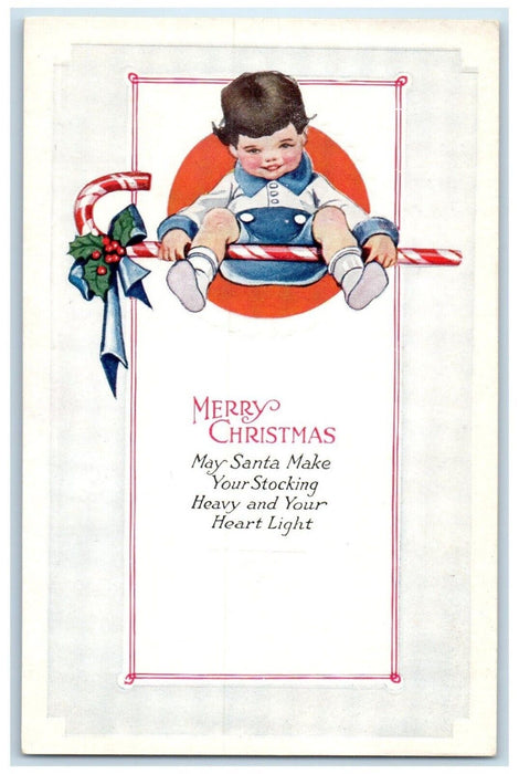 c1910's Christmas Little Boy Sat On Candy Cane Embossed Antique Postcard