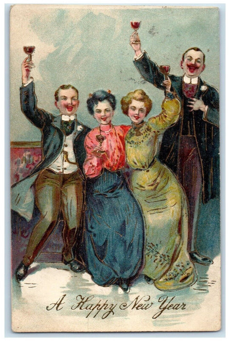 1908 Happy New Year Couples Champagne Embossed Rosby Minnesota MT Postcard