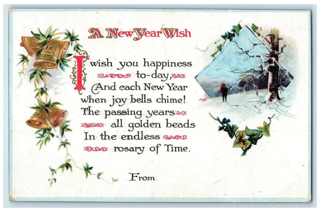 1914 New Year Wish Ringing Bells Winter Scene Hills Minnesota MN Posted Postcard