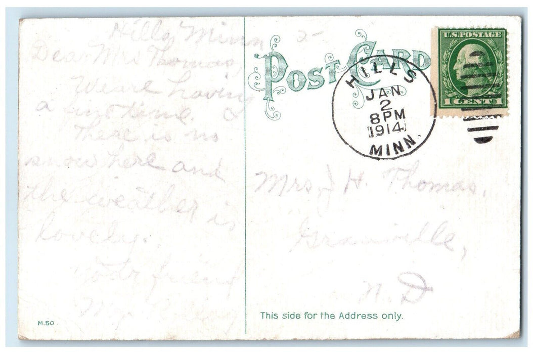 1914 New Year Wish Ringing Bells Winter Scene Hills Minnesota MN Posted Postcard