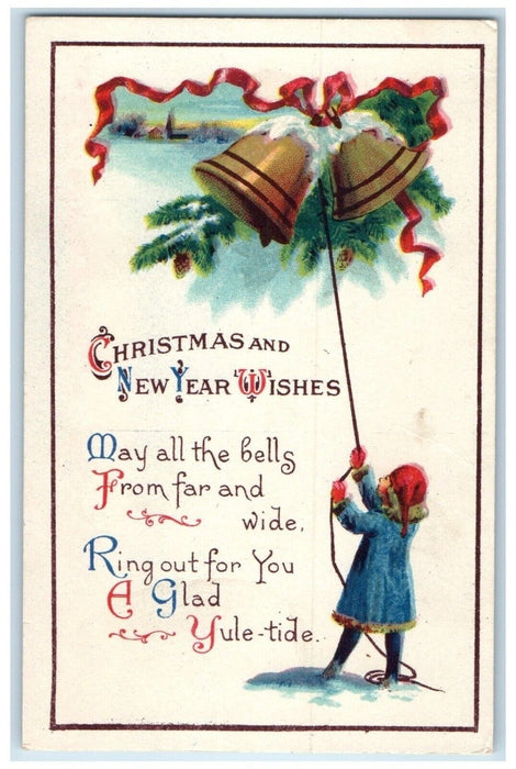 c1910's Christmas And New Year Little Girl Ringing Bell Pine Cone Postcard