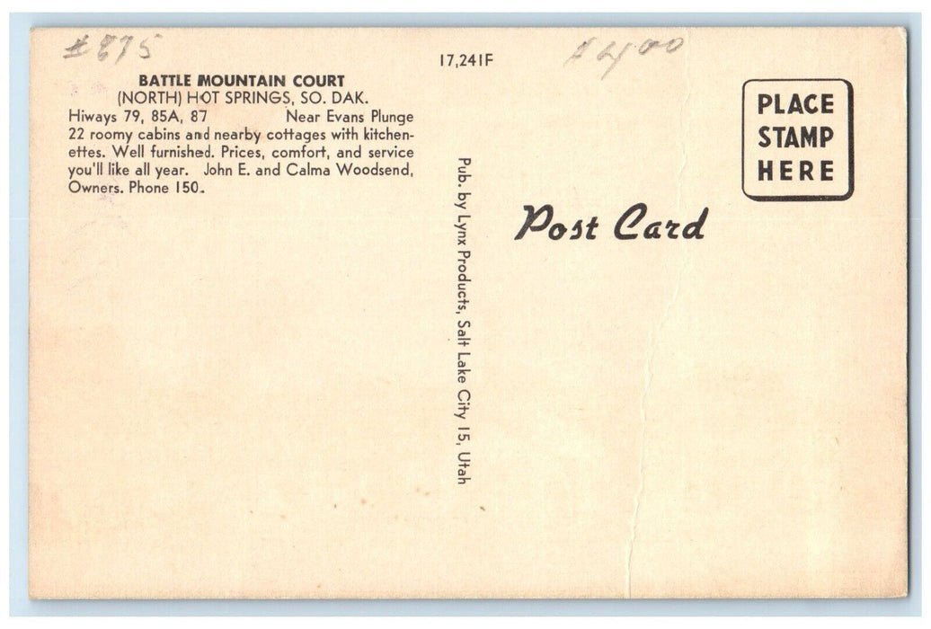 c1950's Battle Mountain Court Hot Springs South Dakota SD Vintage Postcard