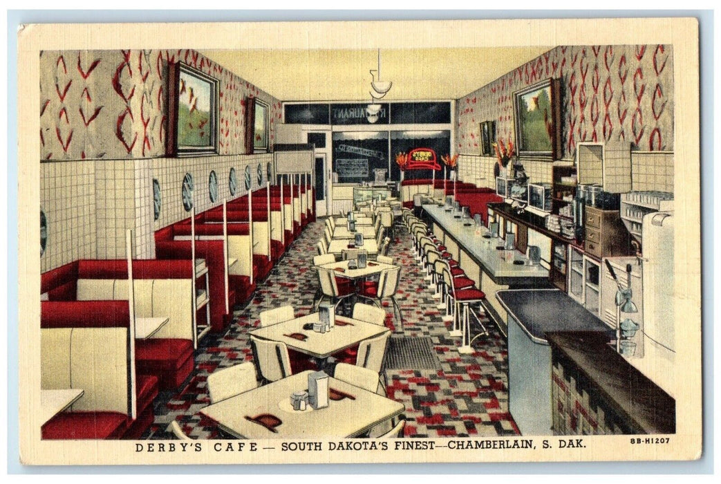 c1930's Derby's Cafe South Dakota Finest Interior View Chamberlain SD Postcard