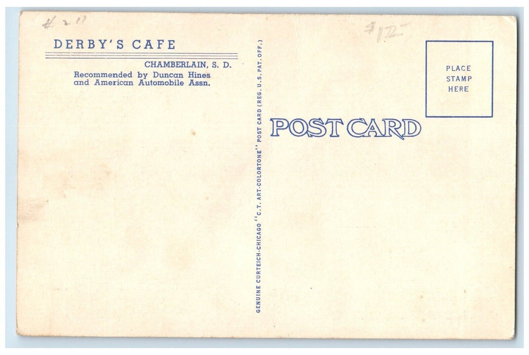 c1930's Derby's Cafe South Dakota Finest Interior View Chamberlain SD Postcard