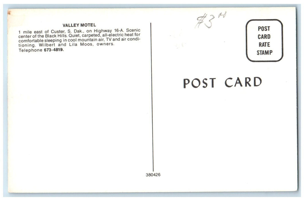 c1950's Valley Motel Roadside Custer South Dakota SD Unposted Antique Postcard