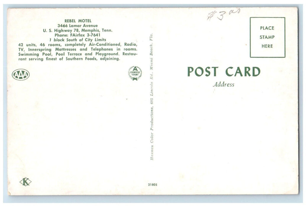 c1950's Rebel Motel Swimming Pool Memphis Tennessee TN Unposted Vintage Postcard