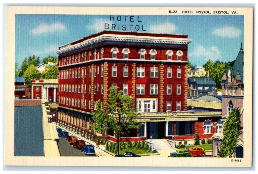 c1930's Hotel Bristol Building Cars Scene Bristol Virginia VA Vintage Postcard