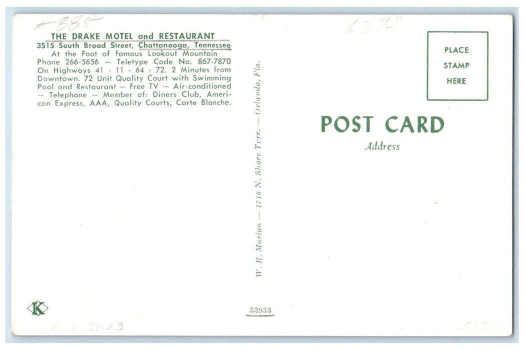 c1950'sThe Drake Motel And Restaurant Roadside Chattanooga Tennessee TN Postcard