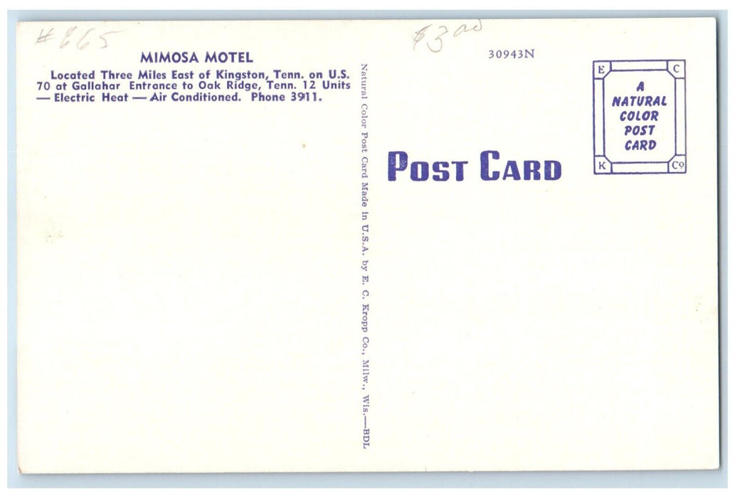 c1950's Mimosa Hotel Roadside Kingston Tennessee TN Room View Vintage Postcard