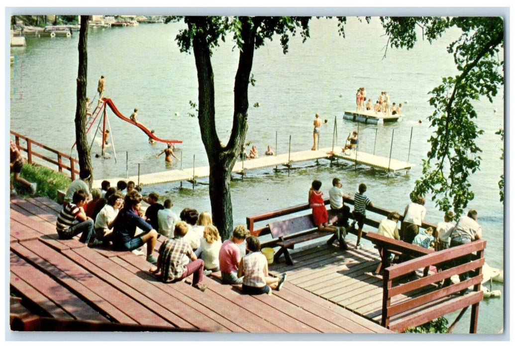 c1960 Sitting Waterfront Bench  Twin Lakes Bible Camp Manson Iowa IA Postcard