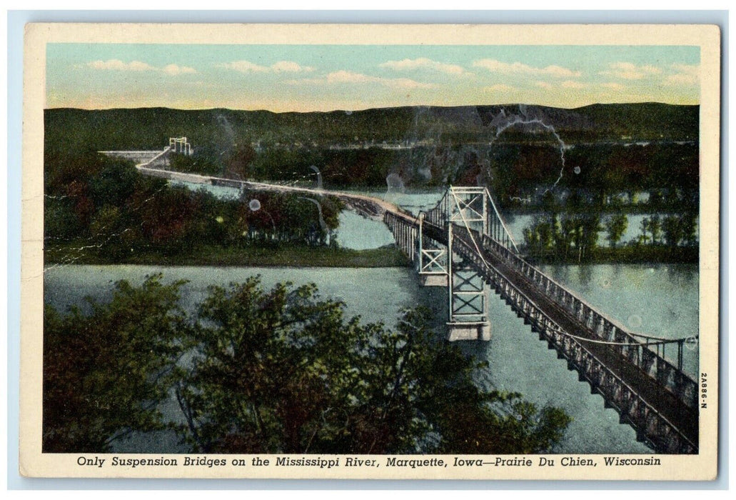 c1940 Birds Eye View Suspension Bridge Mississippi River Iowa Unposted Postcard