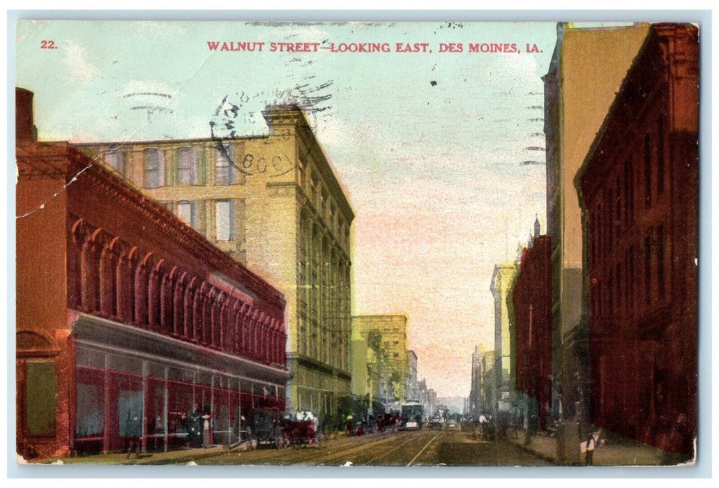 1908 Busy Day Walnut Street Looking East Des Moines Iowa Posted Vintage Postcard