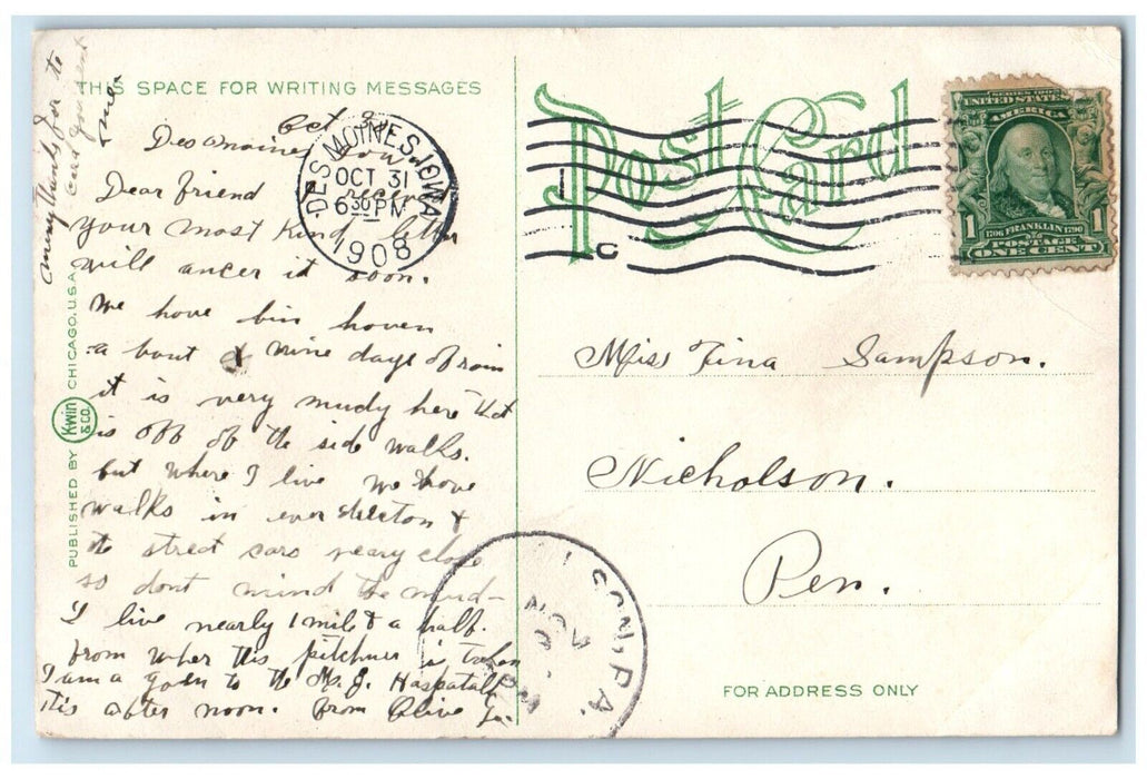 1908 Busy Day Walnut Street Looking East Des Moines Iowa Posted Vintage Postcard