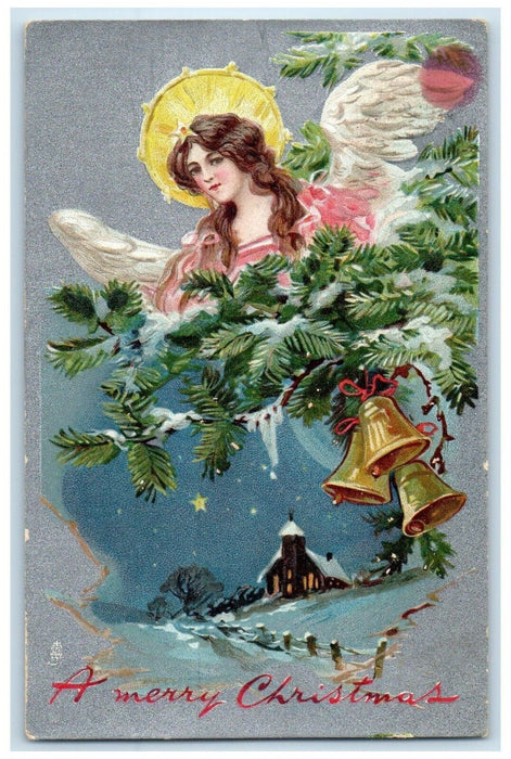 c1910's Christmas Angel Ringing Bells Winter Scene Tuck's Embossed Postcard