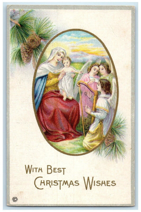 c1910s Christmas Pine Cone Religious Harp Embossed Lunenburg NS Antique Postcard