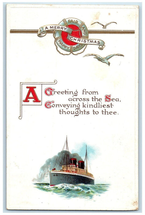 c1910's Christmas Greetings Steamer Bouy Birds Lunenburg NS Antique Postcard