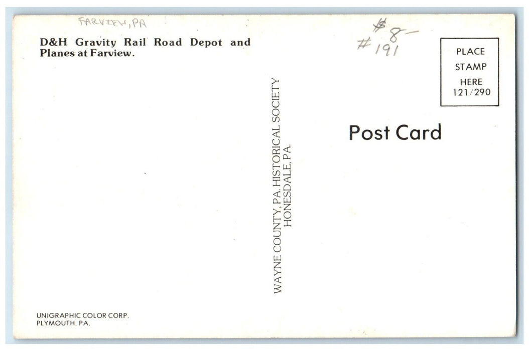 c1940 D&H Gravity Rail Road Depot Planes Farview Pennsylvania Unposted Postcard