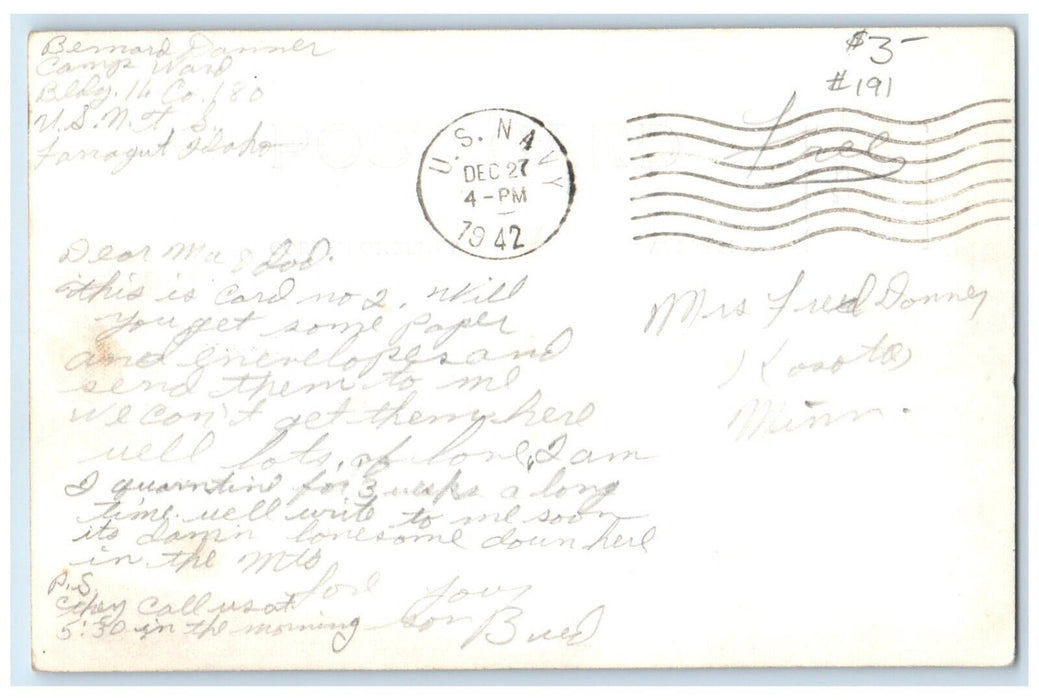 1942 Beautiful Lake Pend Oreille Idaho ID Soldier Mail RPPC Photo Postcard