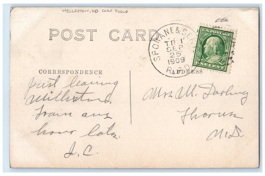 1909 Corn Field Williston North Dakota ND RPPC Photo Posted Antique Postcard