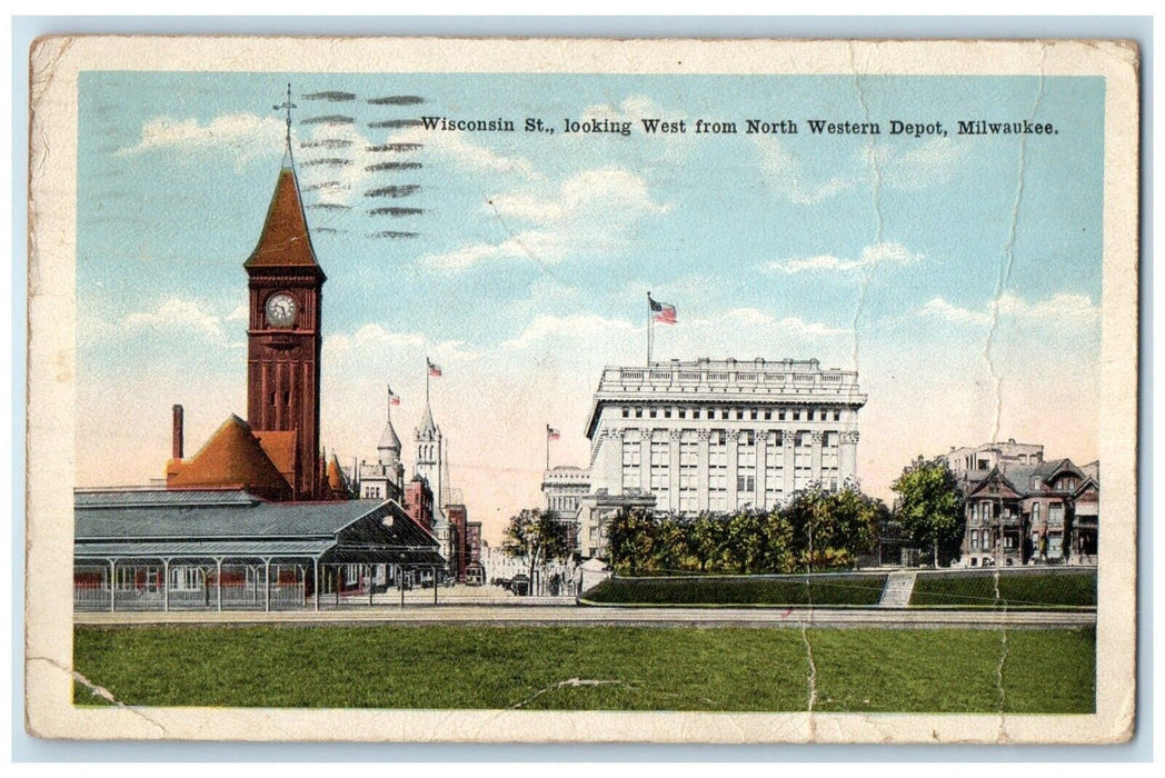 1917 Wisconsin St Looking West North Western Depot Milwaukee Wisconsin Postcard