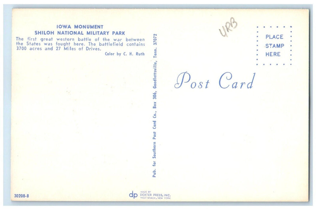 c1960 Iowa Monument Shiloh National Military Park Savannah Tennessee TN Postcard