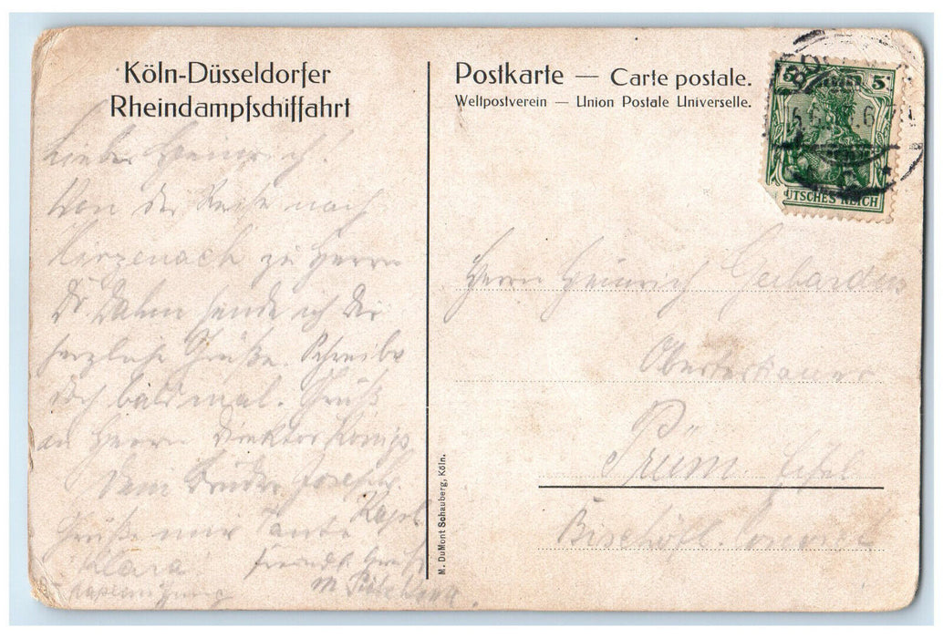 c1910 Drachenfels Ruin Cologne-Düsseldorfer Rhine Steamship Germany Postcard