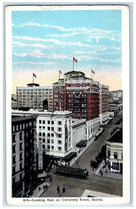 c1920 Looking East University Street Streetcar Road Seattle Washington Postcard