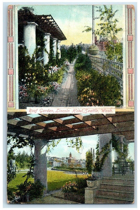 1912 Roof Garden Lincoln Hotel Flowers Exterior Seattle Washington WA Postcard