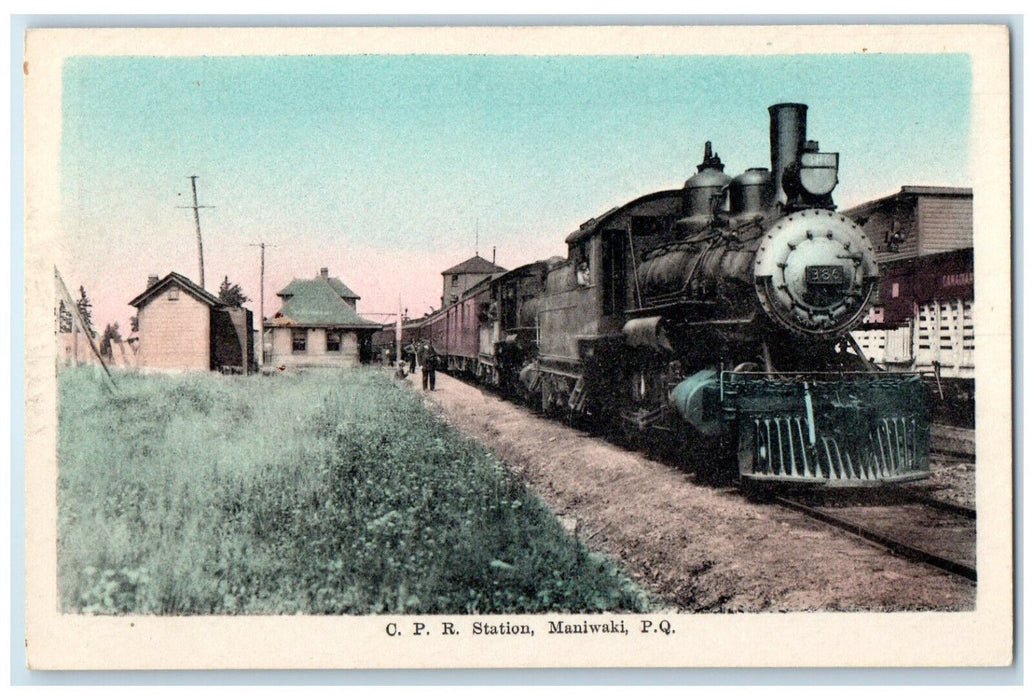 c1930's Train Locomotive C.P.R. Station Maniwaki PQ (Quebec) Canada Postcard