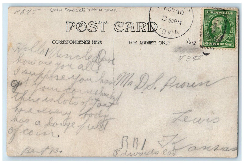 1912 Corn Hauling Horses And Wagon Iowa IA RPPC Photo Posted Antique Postcard