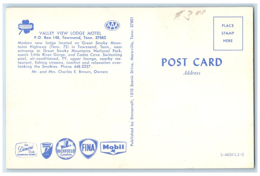 c1950's Valley View Lodge Motel Townsend Tennessee TN Swimming Pool Postcard