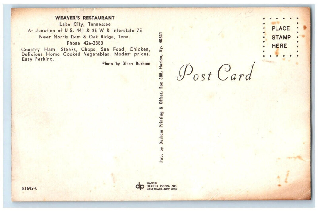 c1950's Weaver's Restaurant Cars Lake City Tennessee TN Vintage Postcard