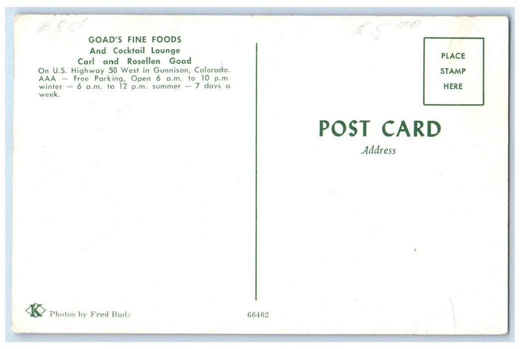 c1960s Goad's Fine Foods Cocktail Lounge Gunnison Colorado CO Multiview Postcard