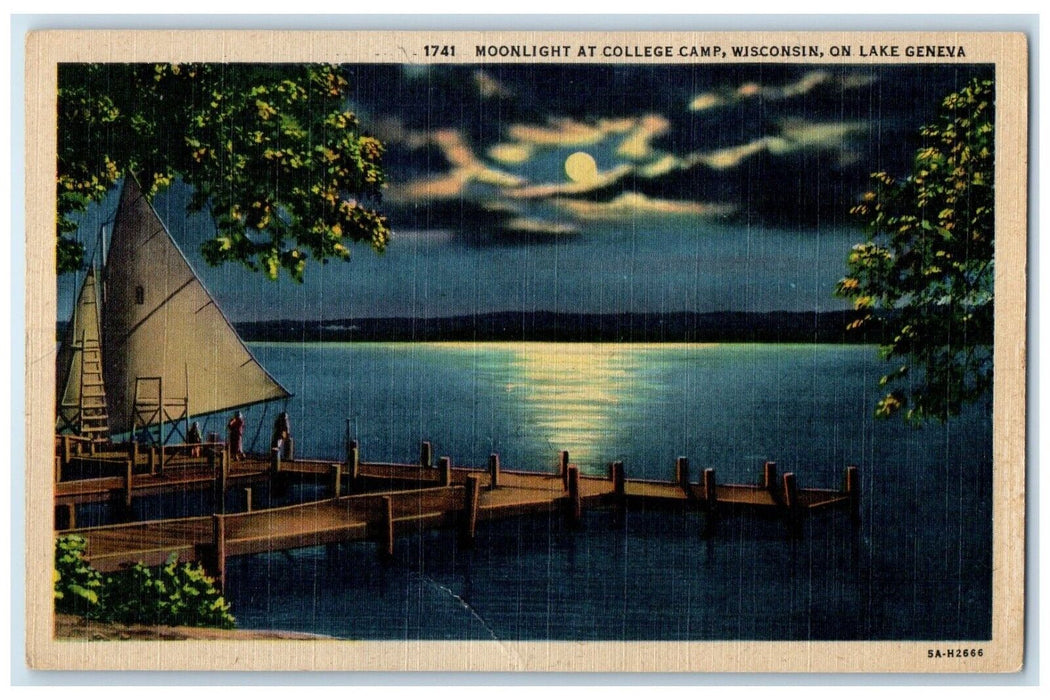 c1940 Moonlight College Camp Dock Night Wisconsin Lake Geneva Vintage Postcard