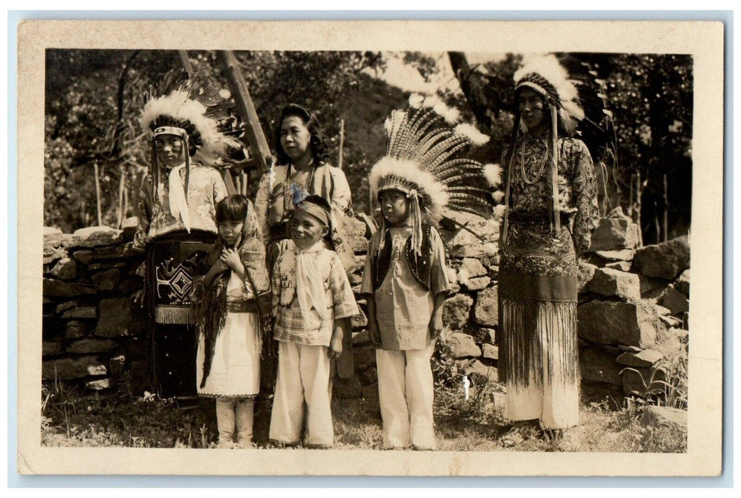 c1950's Native American Indian Family Children Headdress RPPC Photo Postcard