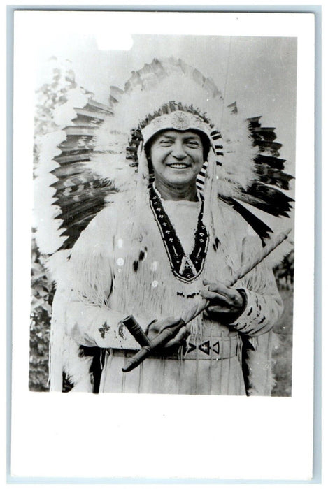 c1950's Chief of Indians Old Town 1957 Peace Pipe Headdress RPPC Photo Postcard