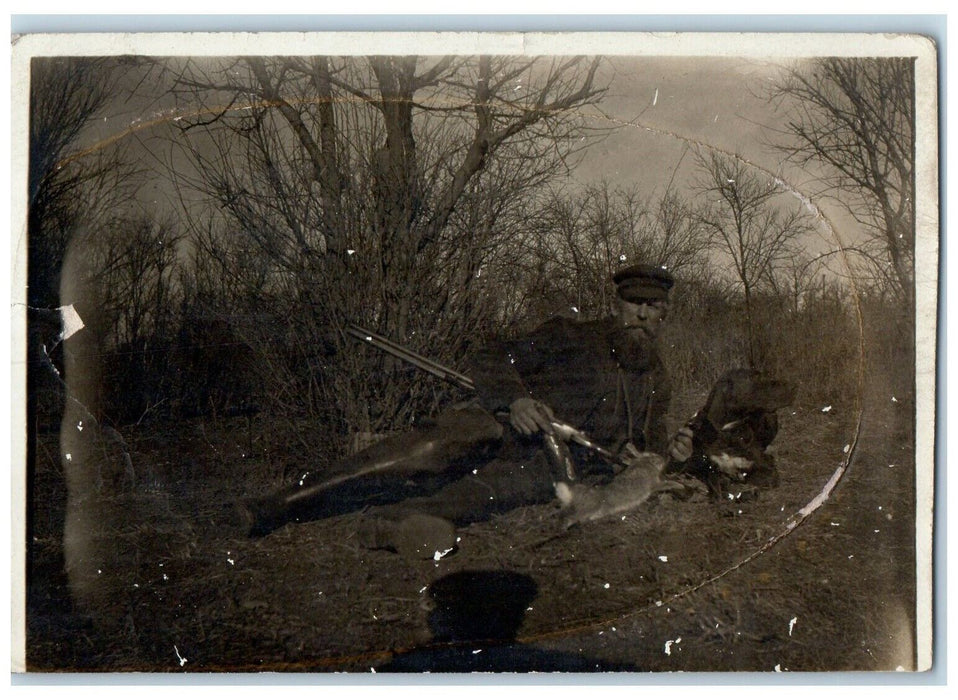 c1910's Hunting Rabbit Dog Rifle Bearded Man RPPC Photo Antique Postcard