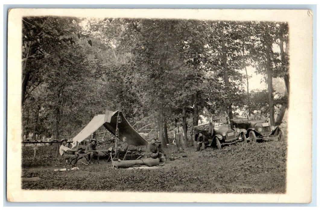 c1910's Patriotic Men Camping Tent Cars RPPC Photo Unposted Antique Postcard