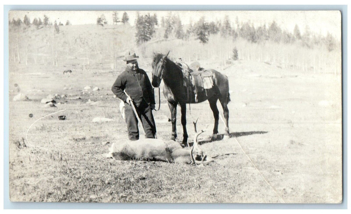 c1910's Man Cached Deer Rifle Horse Posed Antique RPPC Photo Antique Postcard