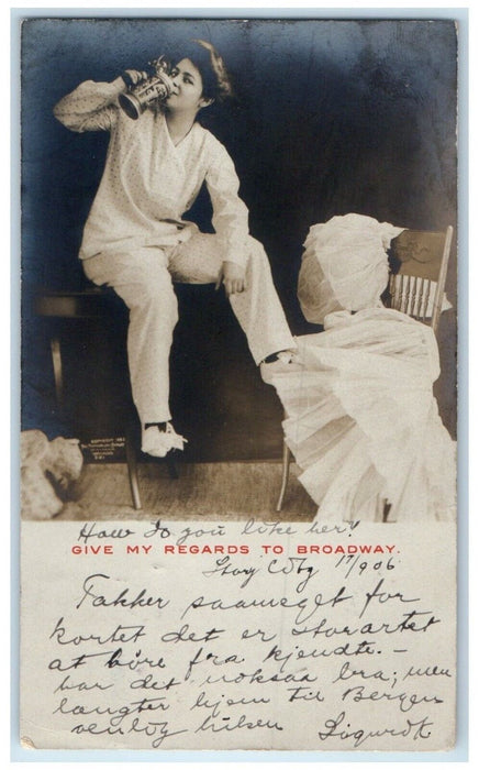 Woman Drinking Beer Stein Broadway Theatre Story City IA RPPC Photo Postcard