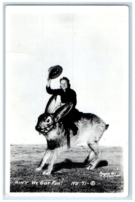 c1940's Woman Riding Exaggerated Rabbit RPPC Photo Unposted Vintage Postcard